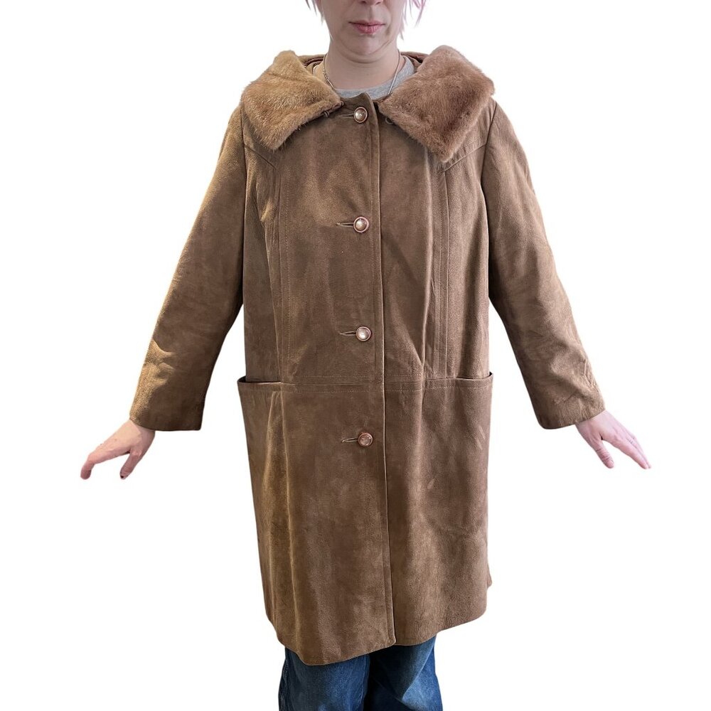 1960s Vintage Suede Coat With Mink Fur Collar Moonglow Buttons Satin Lining M - Picture 3 of 13